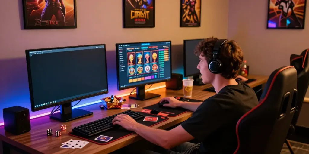 Engaging gaming environment featuring plustoto4d betting interface and accessories in a cozy room.
