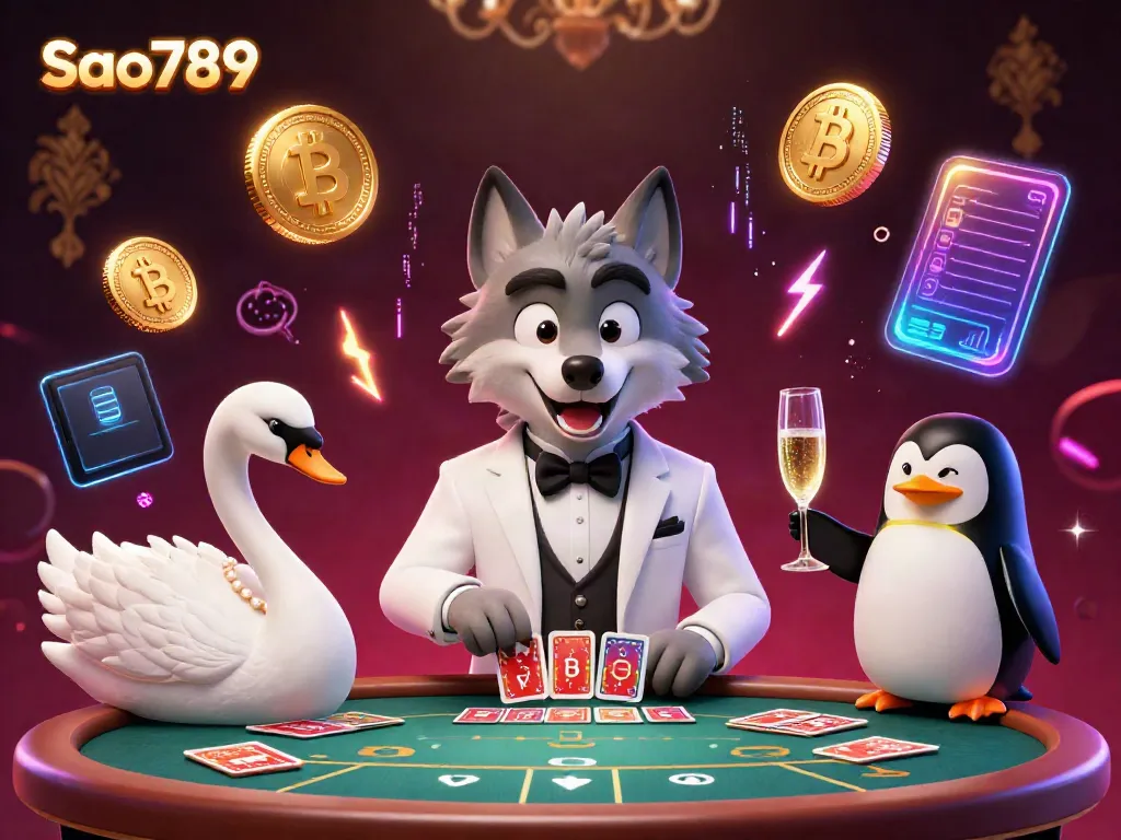 Experience Sao789 with a lively 3D scene featuring a debonair wolf, elegant swan, and sophisticated penguin in a vibrant casino.