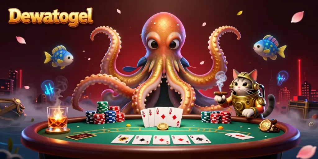 Dewatogel's thrilling scene shows a kraken, diving cat, and glowing sea creatures at a poker table.