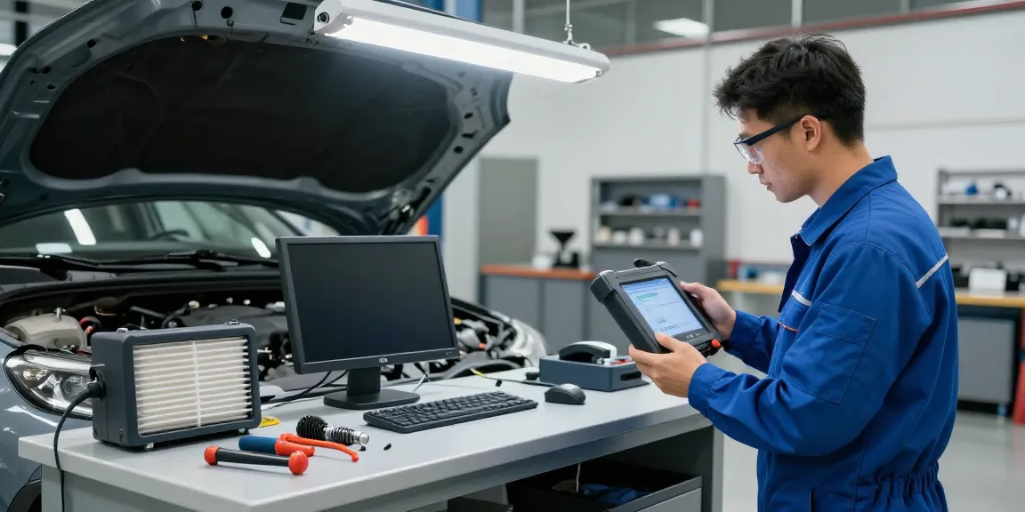 Mechaniker prüft DPF in einer modernen Werkstatt für DPF Reinigung Hannover.