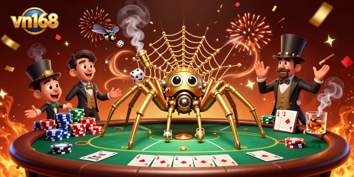 Engage with thrilling games at vn168, featuring a lively steampunk spider in a poker web.
