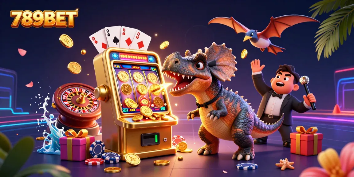 Experience the thrill of 789BET with a lively scene of dinosaurs and a golden slot machine jackpot.