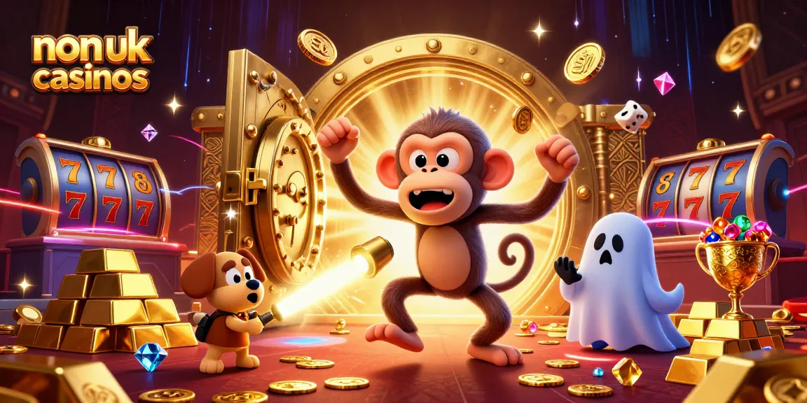 Engage thrillingly with non uk casinos through a mystical scene of a mischievous monkey juggling gold in a haunted casino.
