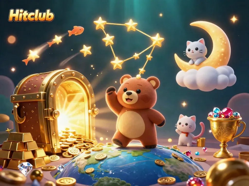 Experience the excitement of Hitclub as a constellation bear collects coins amidst a dazzling casino scene.