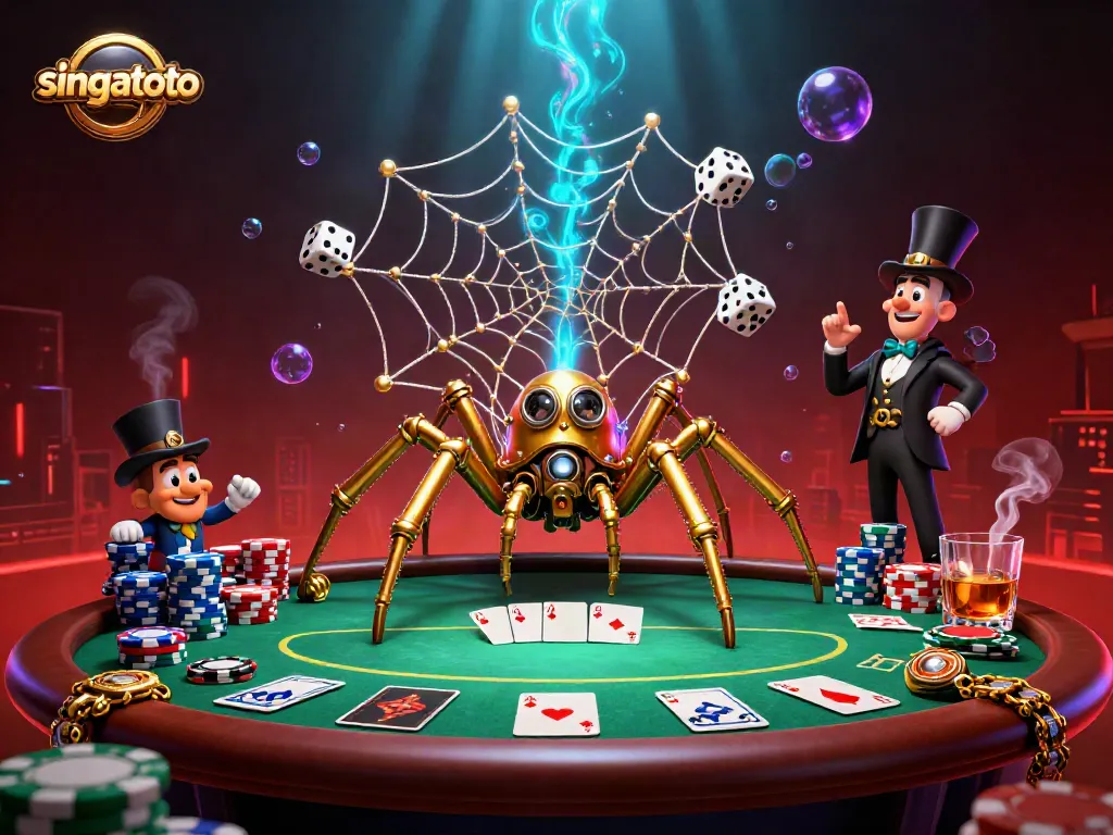 Engage with singatoto's vibrant casino scene featuring a steampunk spider and poker elements.