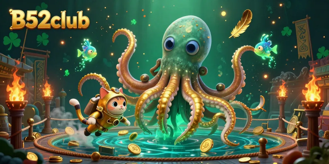 B52club showcases a thrilling 3D scene with a kraken and diving cat among gambling treasures, inviting excitement and engagement.