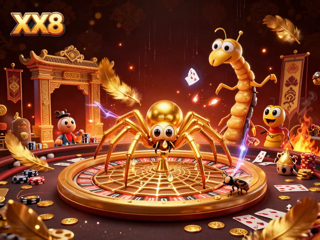 Engage in thrilling XX8 casino gameplay with a golden spider and centipede croupier.