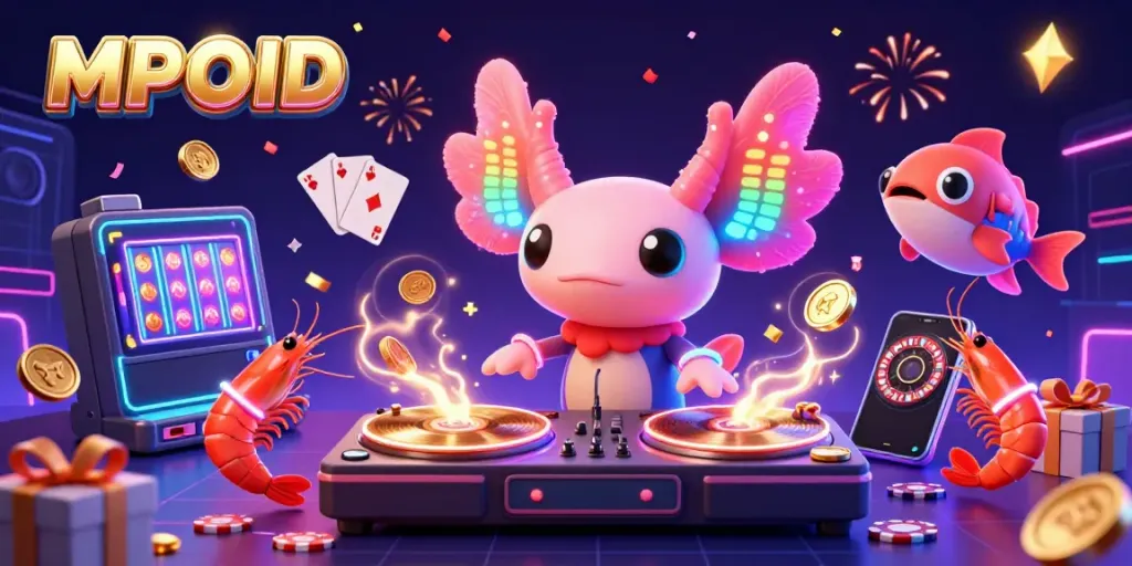 MPOID presents a lively underwater gaming scene with a neon axolotl DJ, dancing shrimp, and vibrant slot game elements.