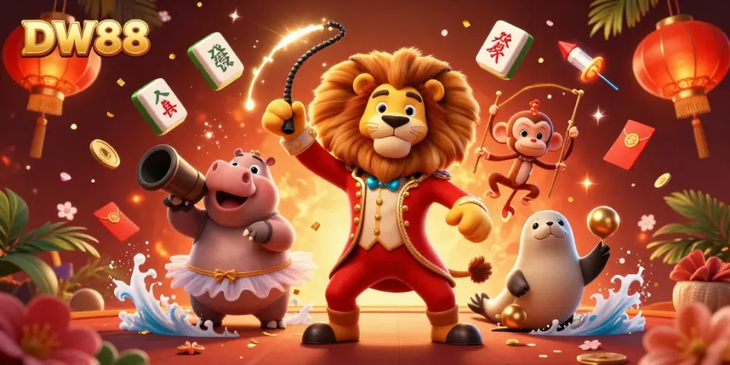 Experience thrilling gaming with DW88 featuring a circus lion, hippo, monkey, and seal in vibrant casino elements.