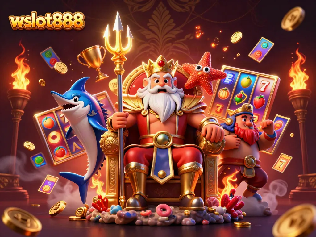 Menangkan jackpot dengan wslot888 dalam ilustrasi 3D bergaya kasino menampilkan karakter Raja Laut dan simbol permainan slot.