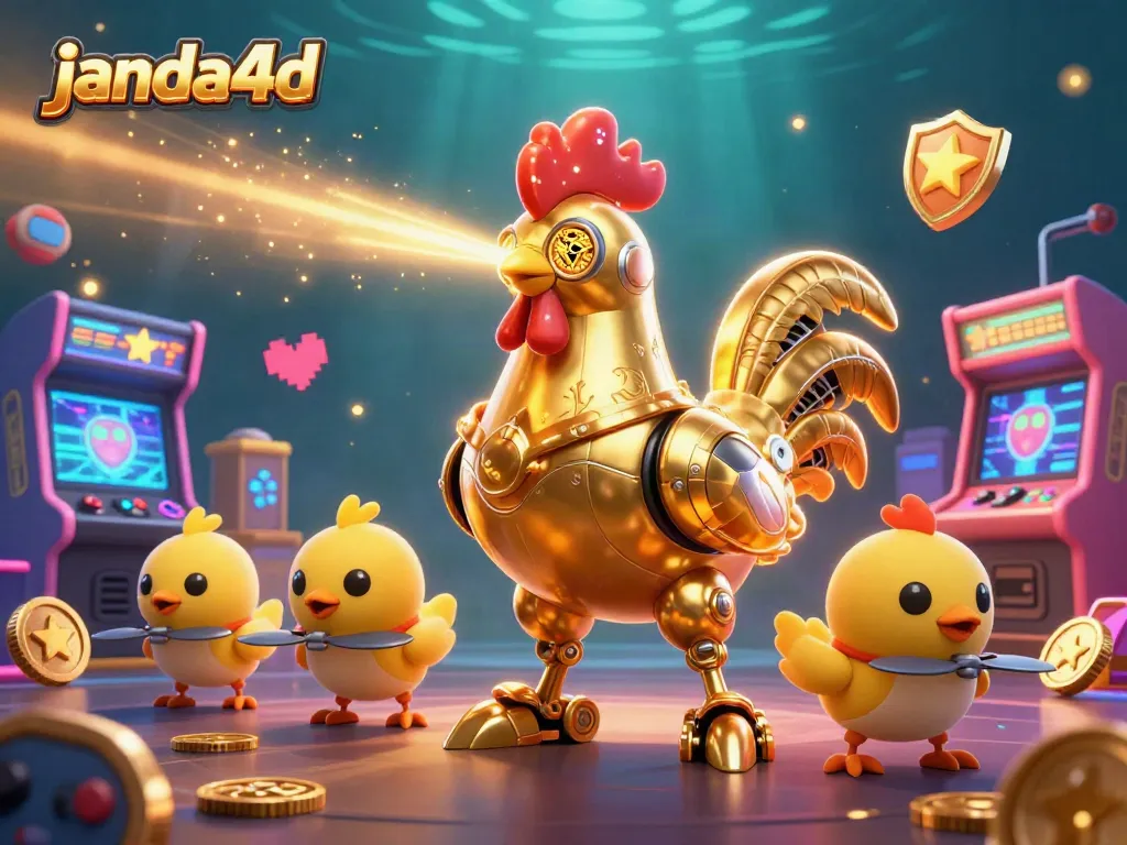 Mainkan janda4d dengan robot ayam emas futuristik dan karakter ceria di lingkungan arcade penuh warna.