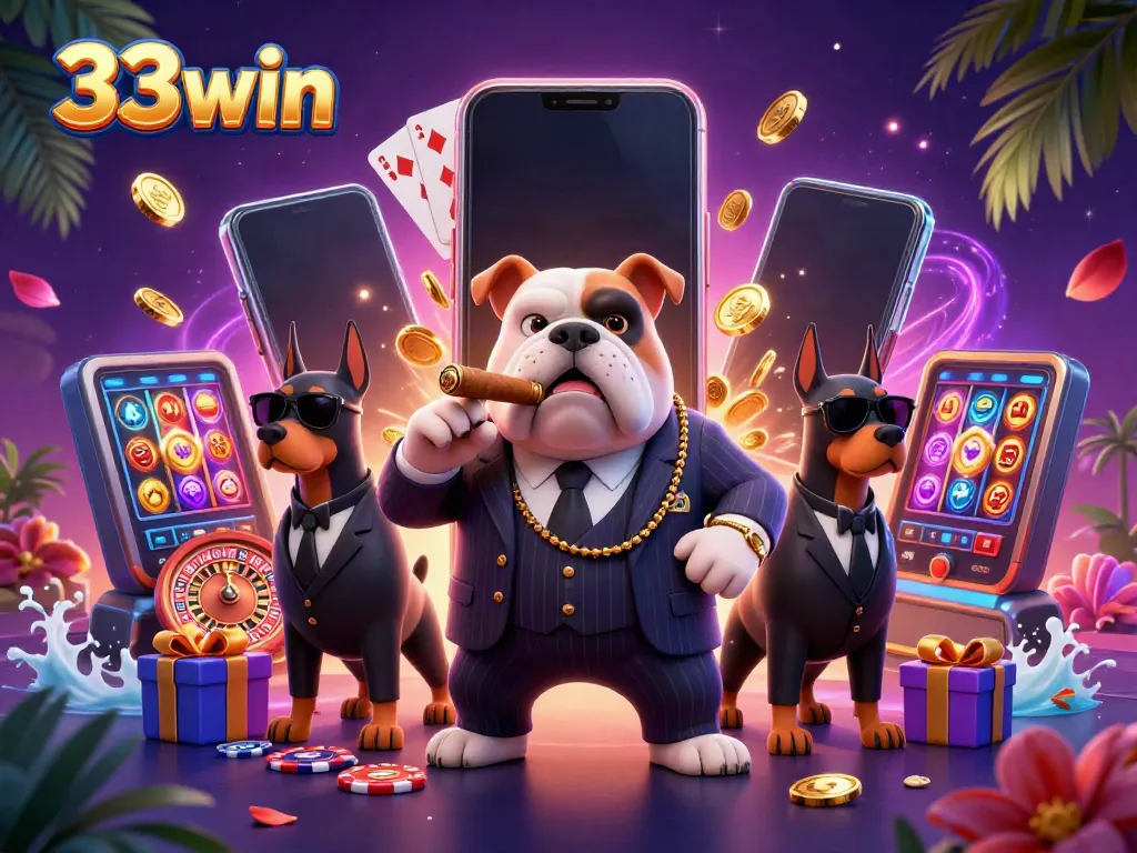 Experience the thrill of 33win with vibrant casino elements and characters in a dynamic scene.