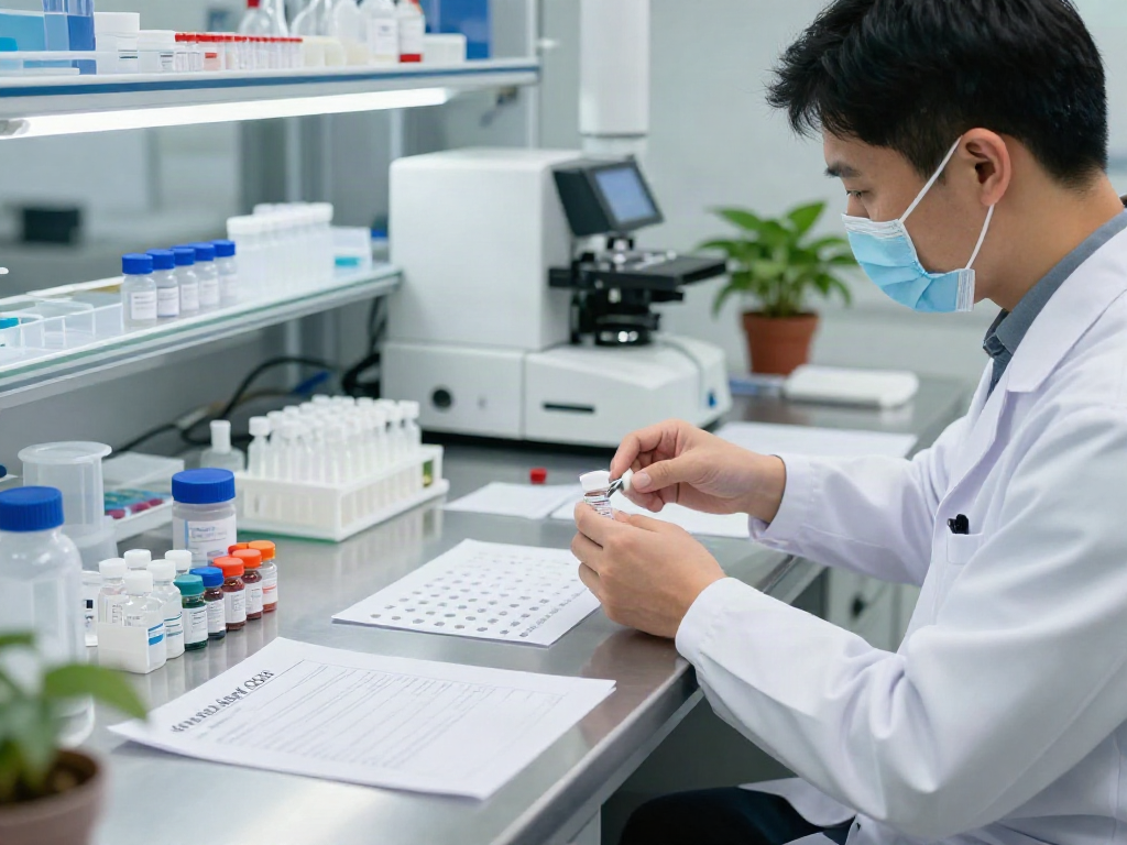 Scientist analyzing research peptides in a modern lab environment.