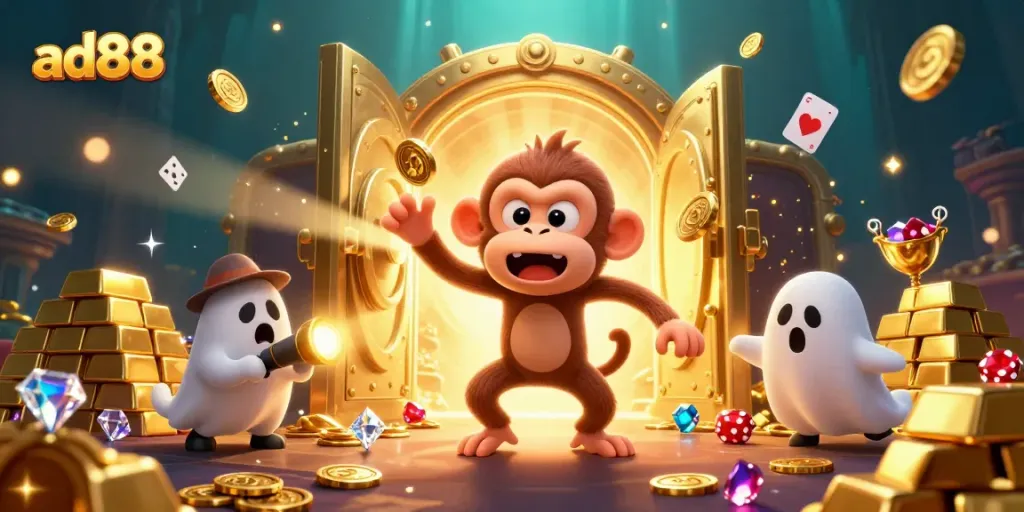 Experience the magic of ad88 gambling with a 3D playful poltergeist monkey and a ghost-hunter puppy in a vibrant casino scene.