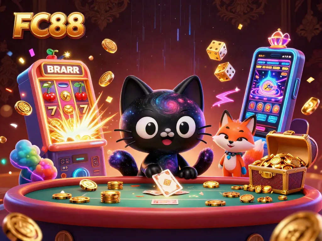 FC88 captivates players with a captivating cosmic casino scene featuring dynamic game elements and vibrant characters.