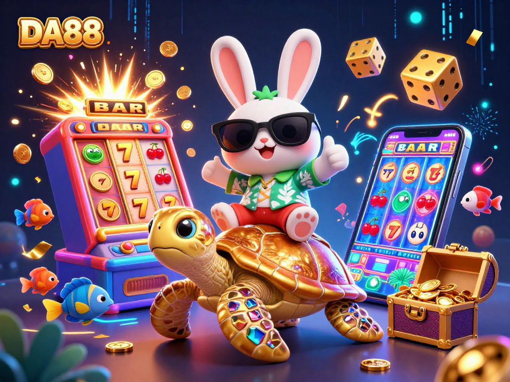 DA88 slots action with a lucky rabbit, golden turtle, and jackpot explosion, vibrant casino scene.