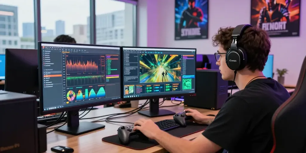 Player analyzing real-time analytics for bos88, surrounded by gaming gear and bright views.