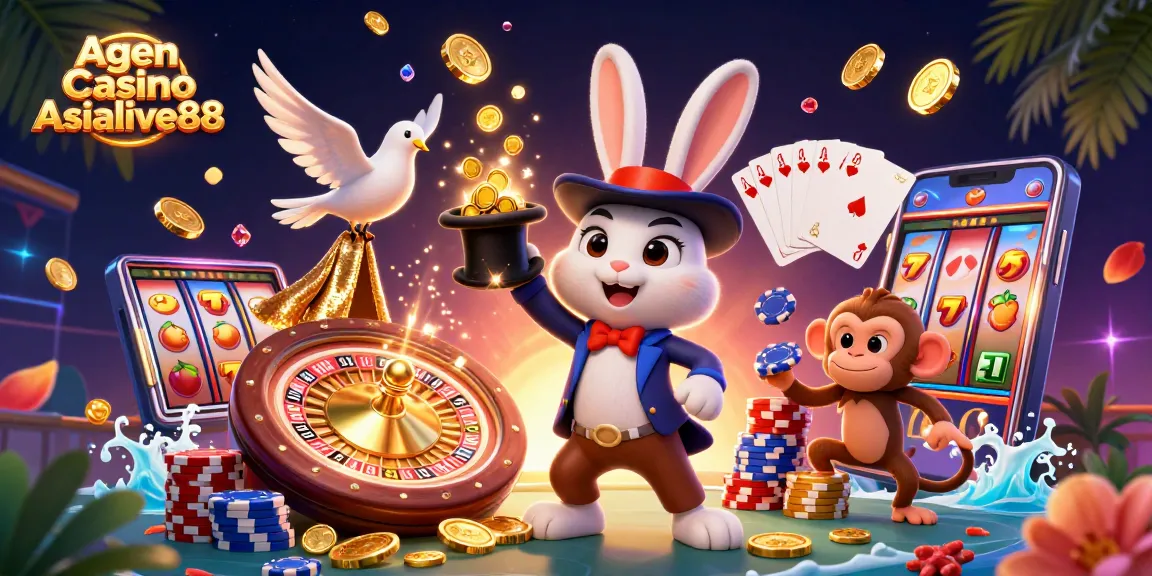 Agen Casino Asialive88 showcases a vibrant scene with a magician rabbit, dove, and monkey amid exciting casino elements