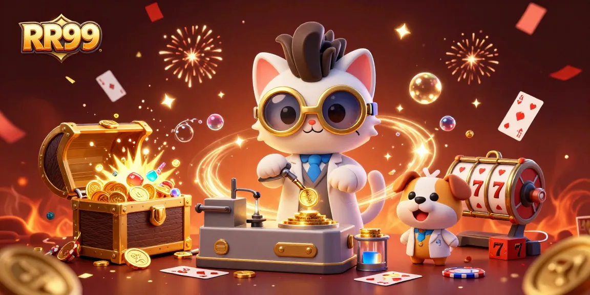 Play games and win with RR99: Exciting casino atmosphere featuring playful characters and vibrant elements