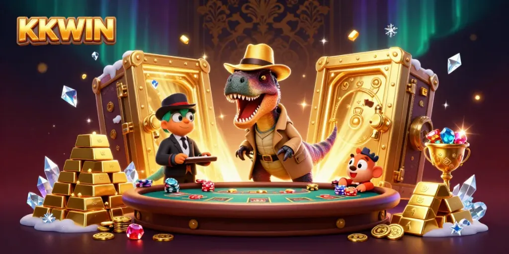 Experience KKWIN's lively casino atmosphere with cartoon dinosaurs in a vibrant 3D scene.