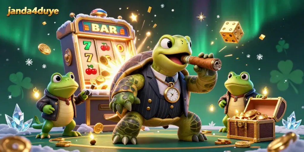 JANDA4DUYE menampilkan interaksi karakter kartun 3D di kasino dengan elemen mesin slot dan harta karun.
