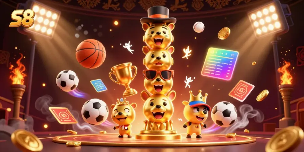 Experience the excitement of S8 with vibrant casino elements and animated characters in a lively 3D scene.