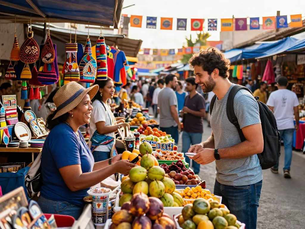 Engaging traveler at a tour and travel agency's local market tour, enjoying vibrant cultural experiences.