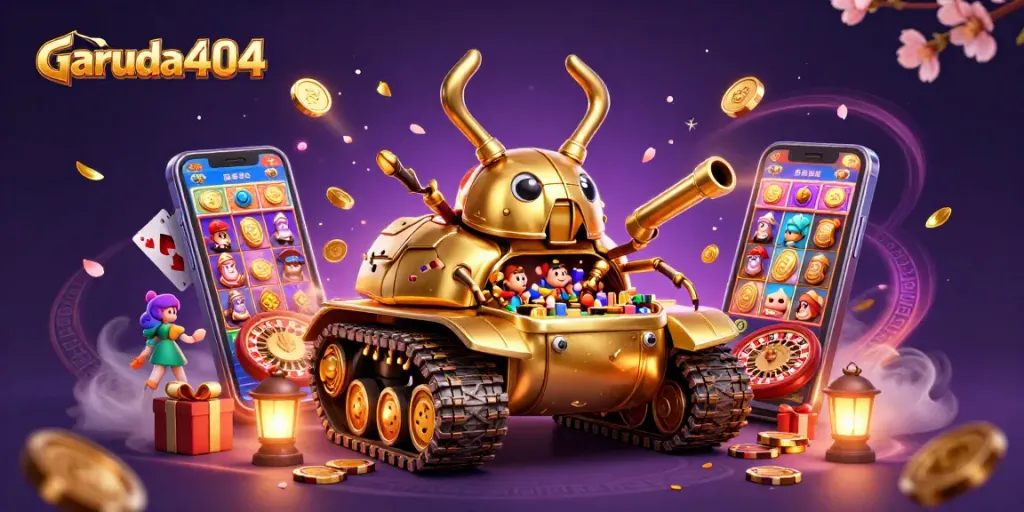 Engage with garuda404's thrilling games amidst a vibrant casino scene filled with confetti and gold.