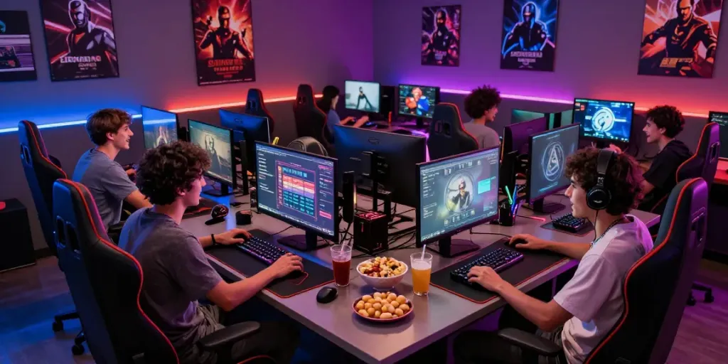 Engaged friends enjoying competitive gaming at MM88 gaming lounge, vibrant atmosphere, modern setup.