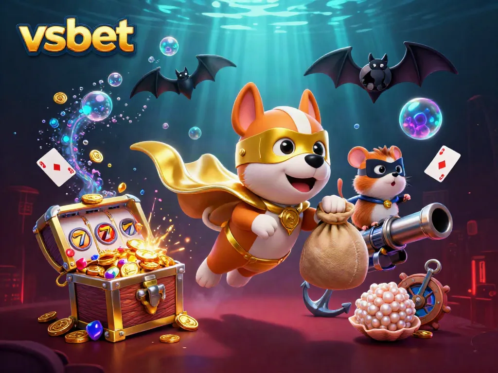 Engage in thrilling gameplay at vsbet with vibrant casino elements and a colorful dog hero.