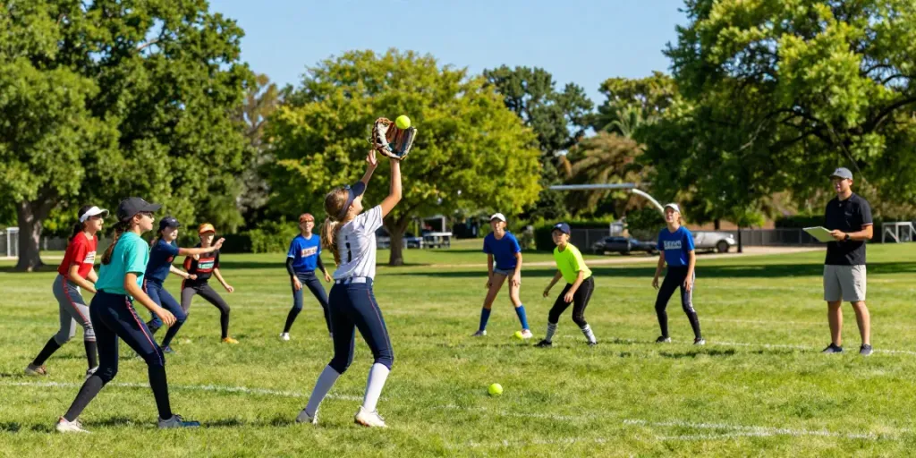 Young athletes practicing softball, showcasing quality softball gloves in action.