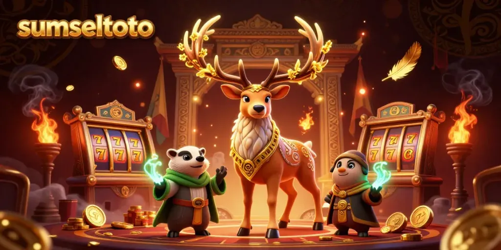 Experience the excitement of sumseltoto in this vibrant casino scene with mythical characters and slot elements.