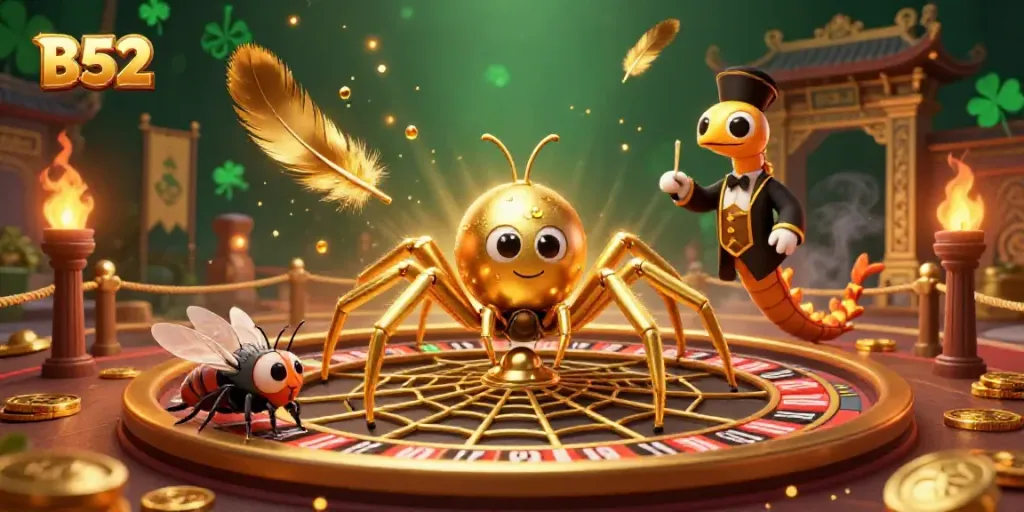 B52-themed 3D casino scene with a spider and fly amidst a roulette wheel web, showcasing vibrant gaming elements.