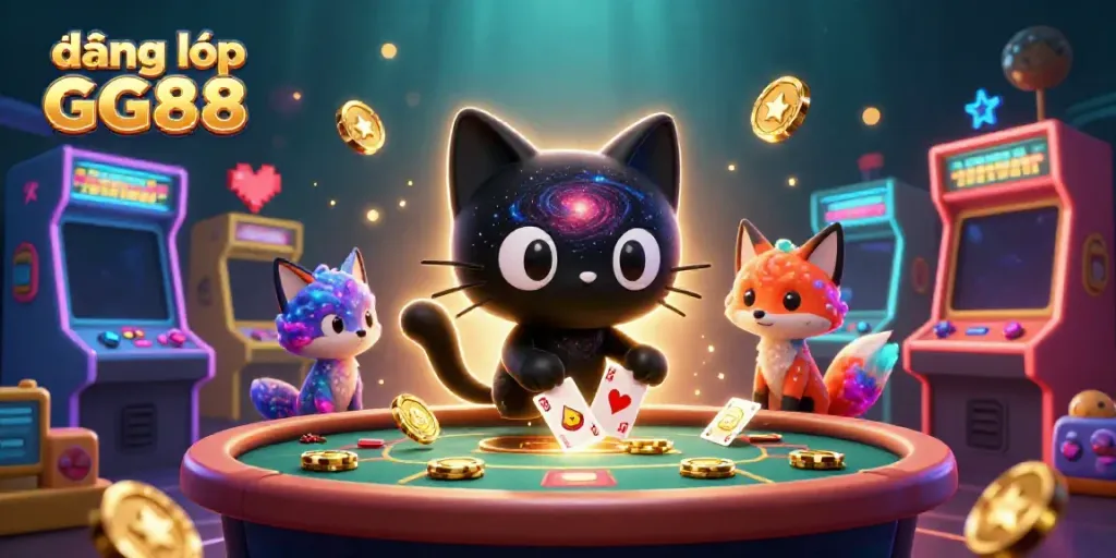 Engage in thrilling gaming action with đăng nhập GG88, featuring a cosmic casino scene with a black hole cat and nebula fox.