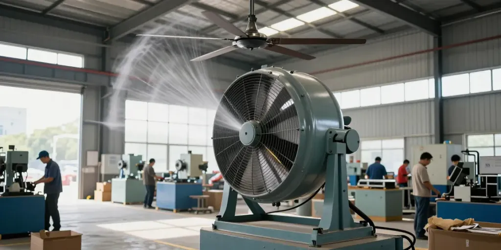Quạt công nghiệp hoạt động tại nhà xưởng giúp cải thiện không khí và năng suất làm việc.