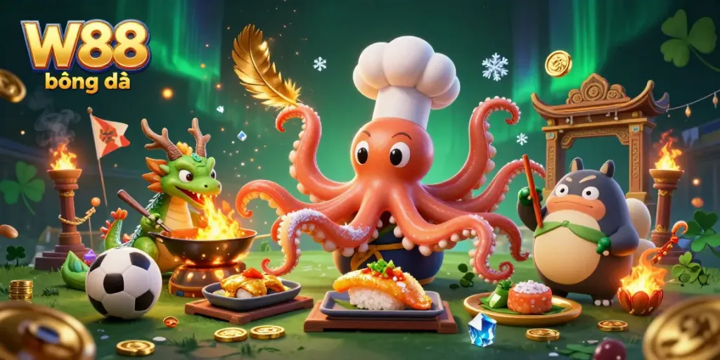 Experience thrilling action at W88 bóng đá with a lively illustration of an octopus chef, dragon, and tanuki celebrating sports betting.