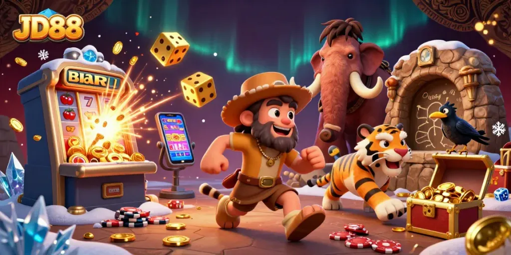 Experience excitement at JD88 with an engaging prehistoric casino scene featuring animated characters and dynamic gaming elements.