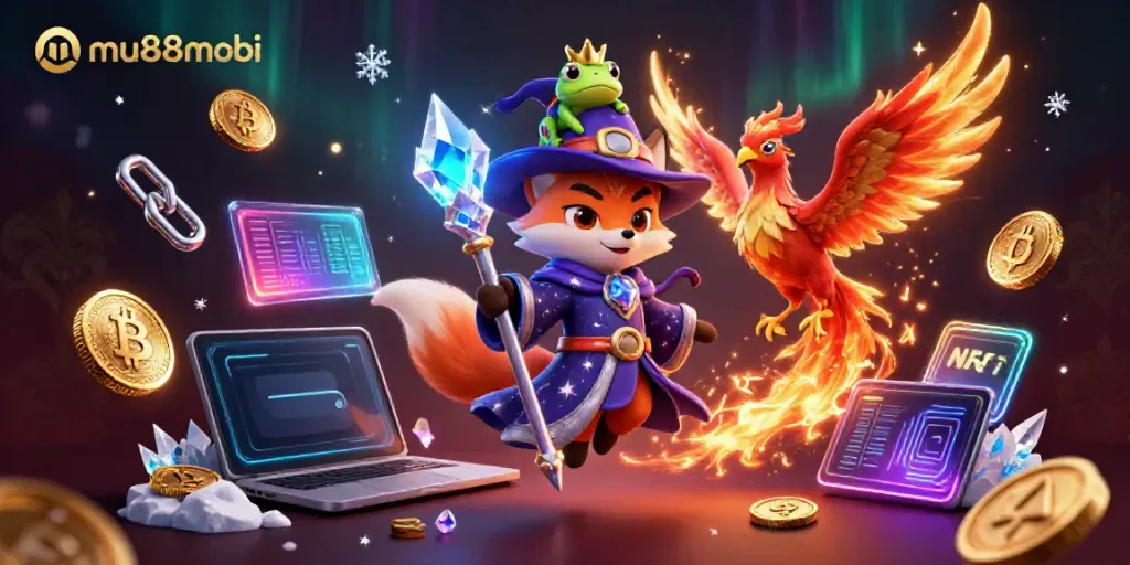 Experience the enchanting mu88mobi casino with a magical wizard fox and phoenix in vibrant 3D.