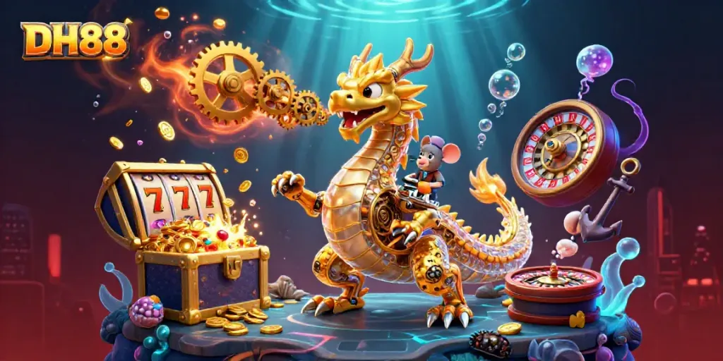 Engage with DH88's vibrant gaming features through a golden dragon and colorful casino elements.