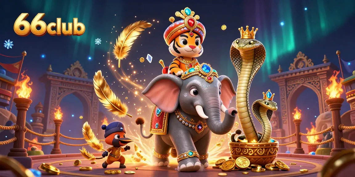 Bet on 66club with an ornate maharaja tiger and jewel-encrusted elephant amid dynamic casino elements.