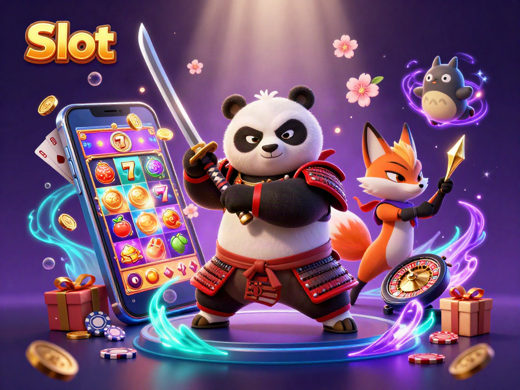 Spin vibrant Slot reels with samurai panda and ninja fox in dynamic casino scene.