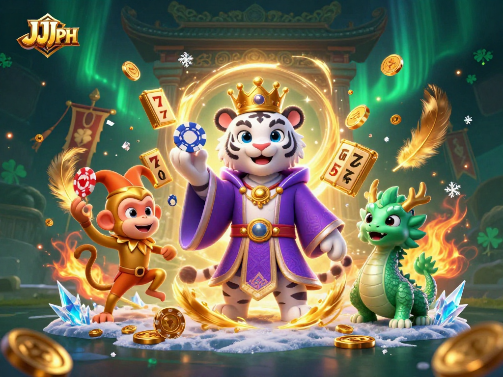 Engage with JJJPH's thrilling slots experience featuring a royal tiger, jester monkey, and dynamic casino elements.