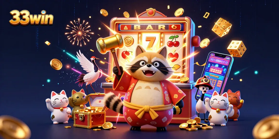 Experience the joy of winning at 33win with colorful characters and vibrant casino elements in an exciting 3D scene.