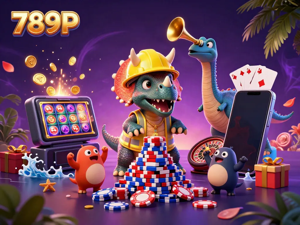 Engage with the vibrant world of 789P as a triceratops builds poker chips amidst casino-themed celebrations.