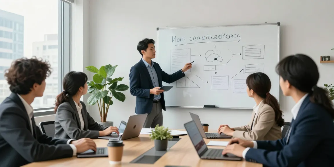 Team working on a communication strategy in a modern office environment.