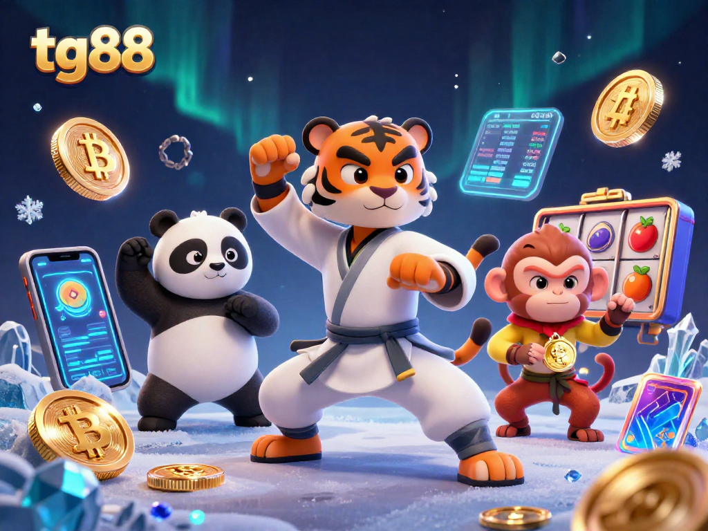 Experience tg88's vibrant slots through animated kung fu characters amid crypto elements.