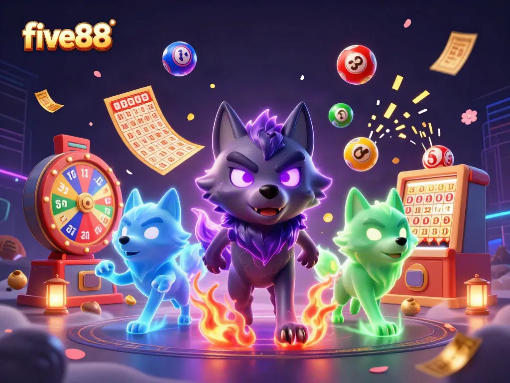 Experience the thrilling aura of five88 with vibrant lottery elements and mystical wolf characters.