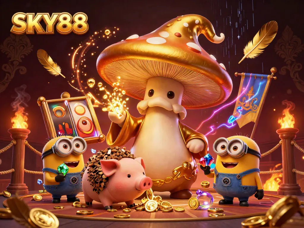Engage with enchanting gaming magic at SKY88 featuring a golden mushroom wizard, treasure, and lively casino elements.