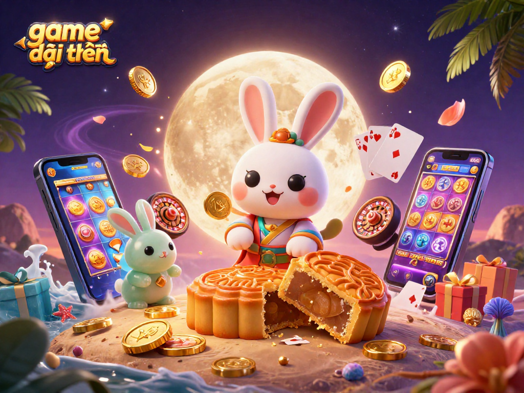 Engage with game đổi thưởng as the moon rabbit reveals poker chips from golden mooncakes in an enchanting casino scene.