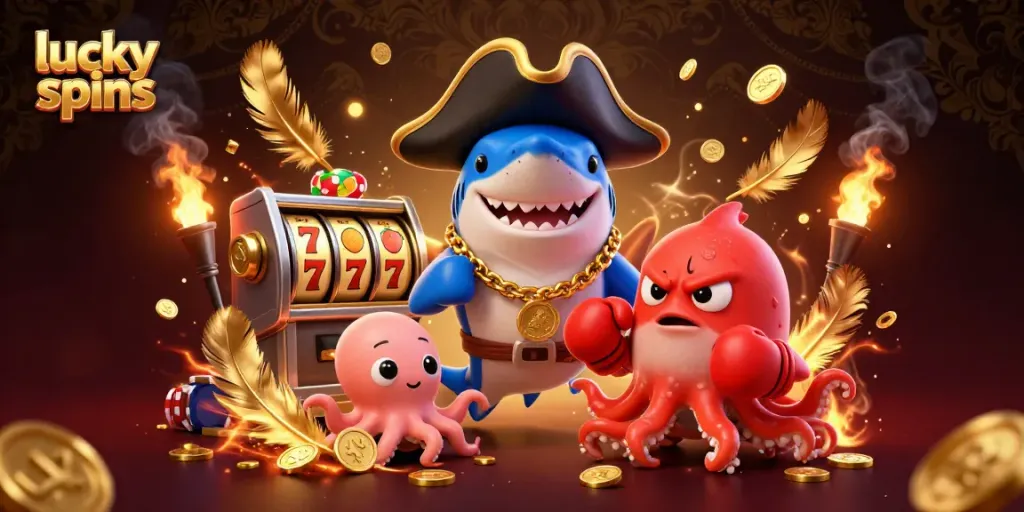 Experience lucky spins with a pirate shark, pufferfish, and octopus amidst a vibrant casino backdrop.